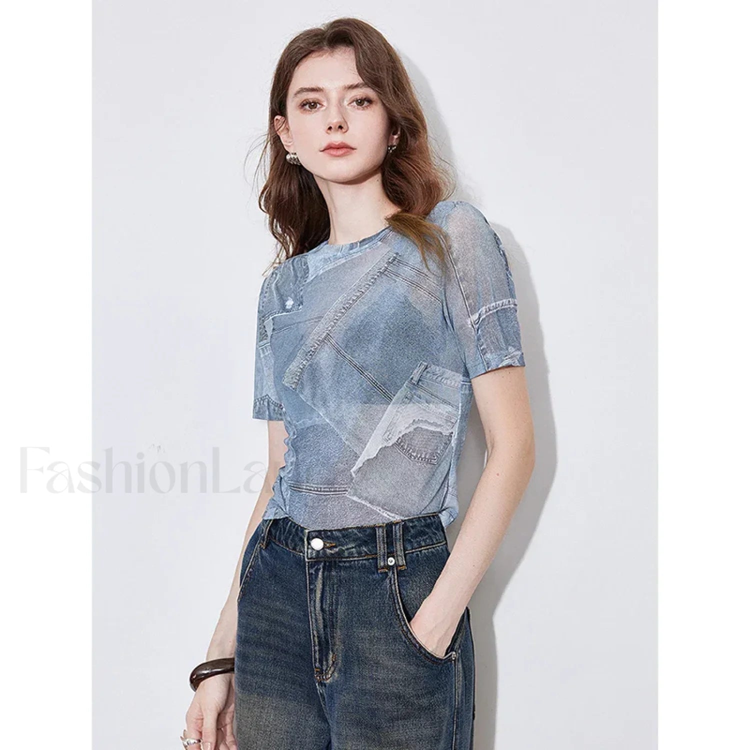 Cowboy Patchwork See through T Shirt Grey Blue / S Main image