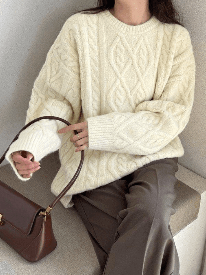 Crew Neck Cable Knit Pullover Sweater Beige / ONE SIZE Sweaters Main image