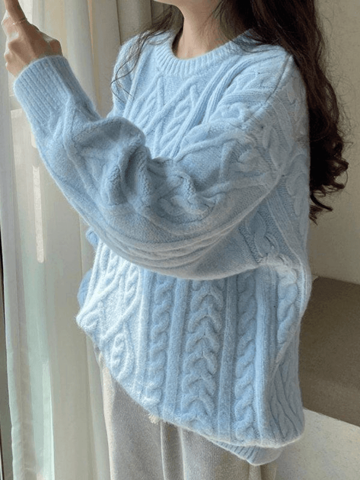 Crew Neck Cable Knit Pullover Sweater Sweaters