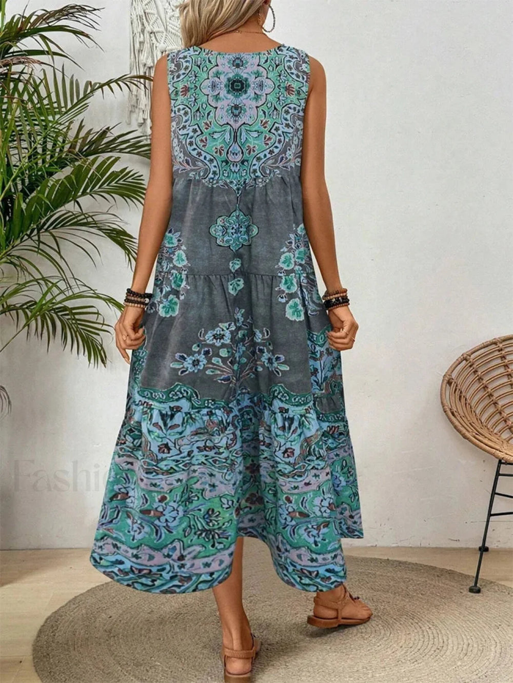 Crew Neck Print Boho Dress