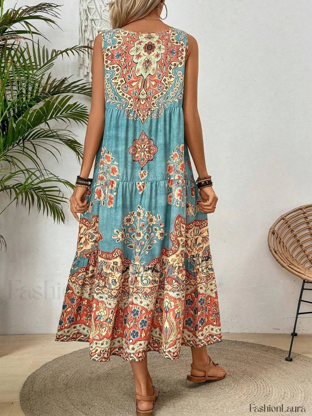 Crew Neck Print Boho Dress