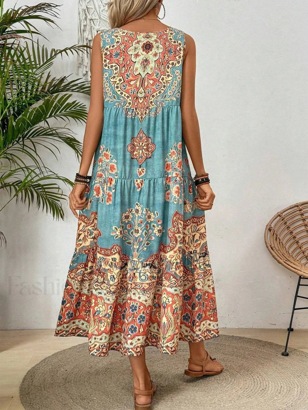 Crew Neck Print Boho Dress