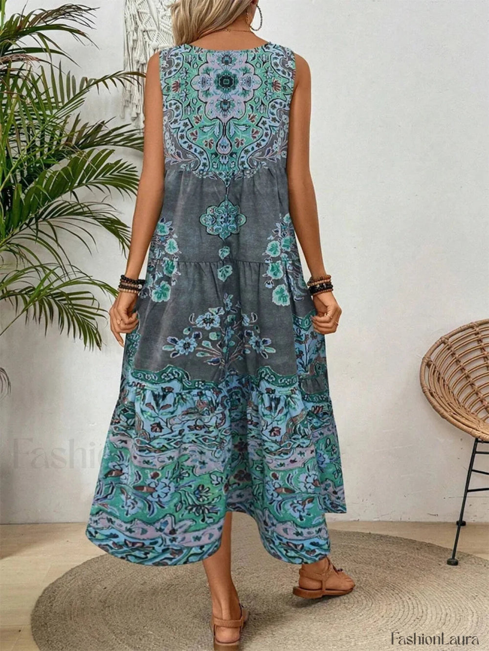 Crew Neck Print Boho Dress