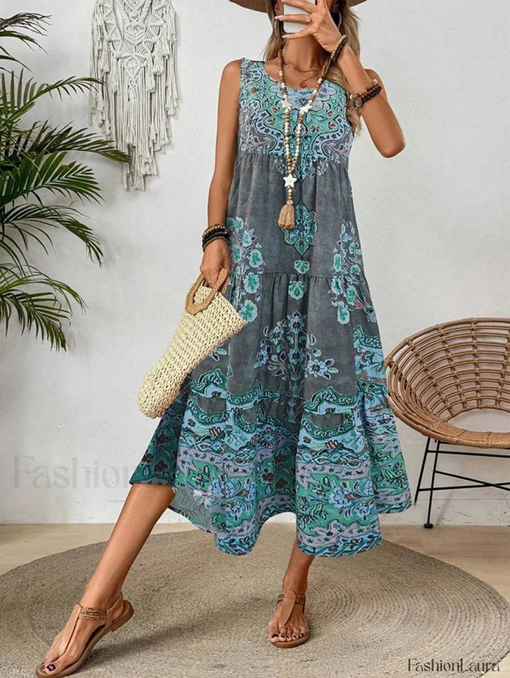 Crew Neck Print Boho Dress Turquoise / S
