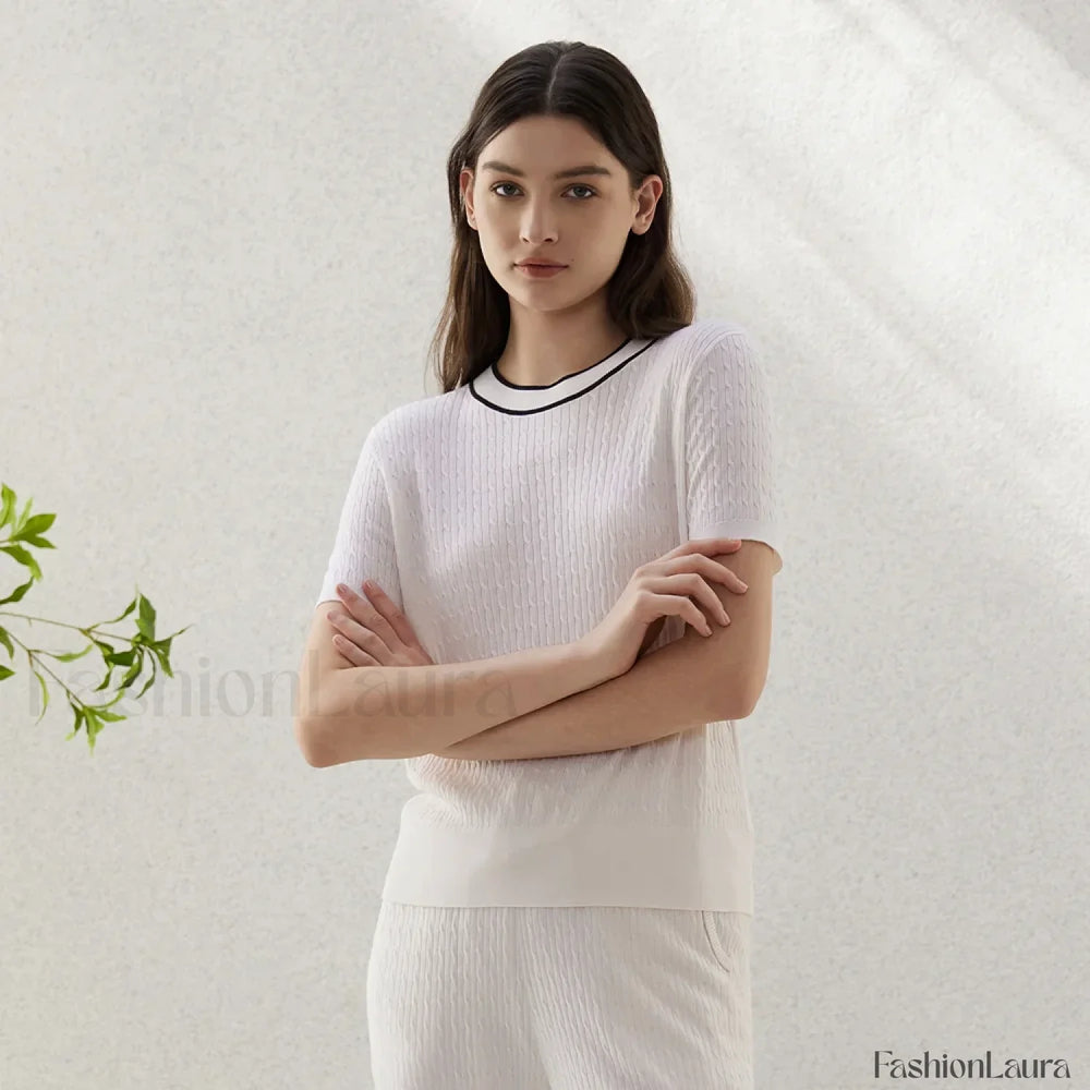 Crew Neck Wool Silk Knitted T Shirt White / S