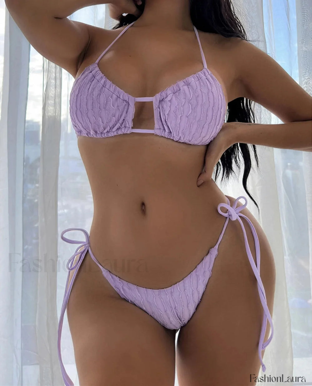 Crinkled Strappy Halter Bikini Set PURPLE / S