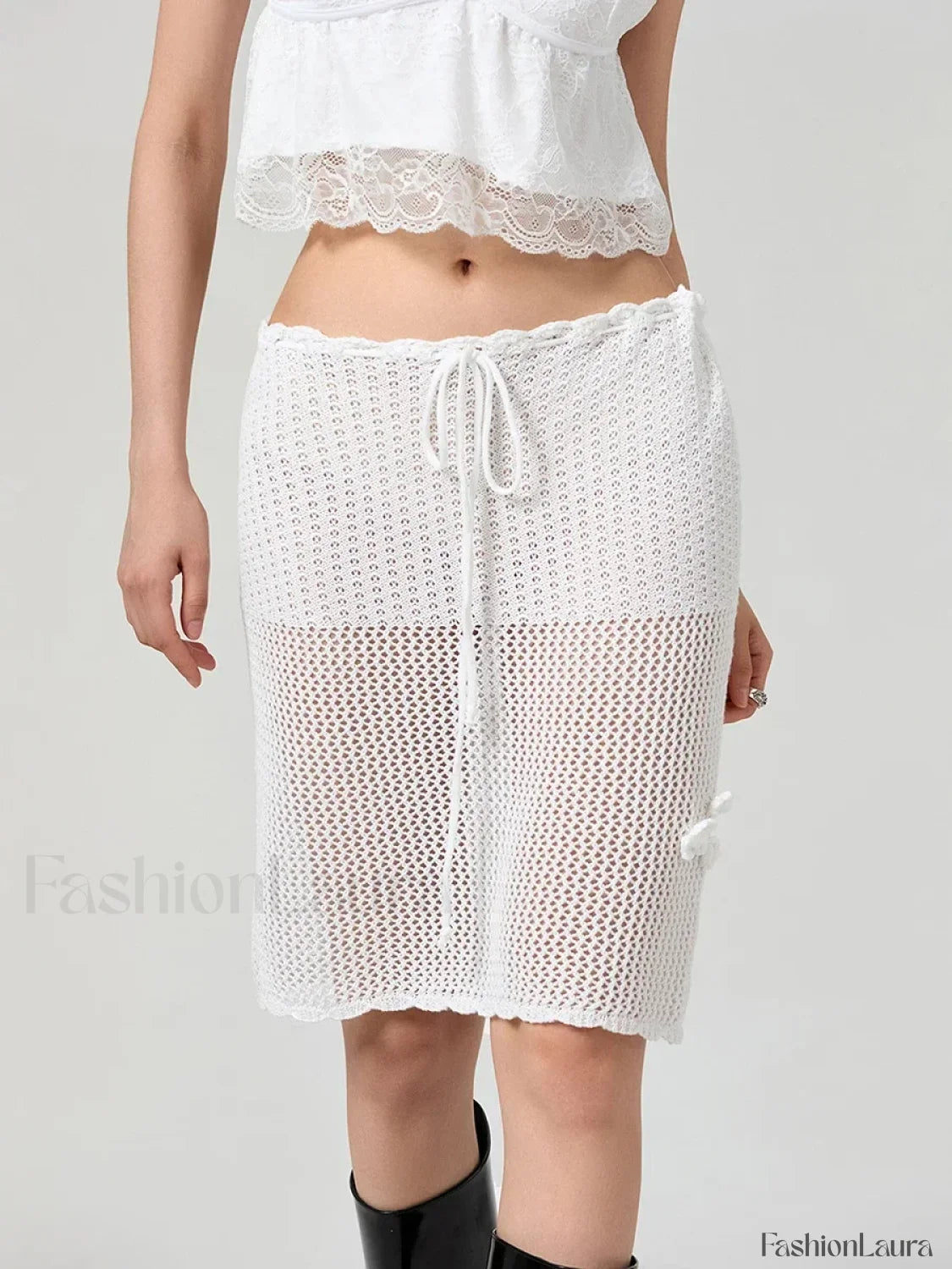 Crochet 3D Flower Midi Skirt WHITE / S