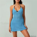 Crochet Halter Casual Mini Dress Blue / S