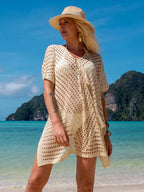 Crochet Hollow Out Mini Dress Cover Up Apricot / One Size