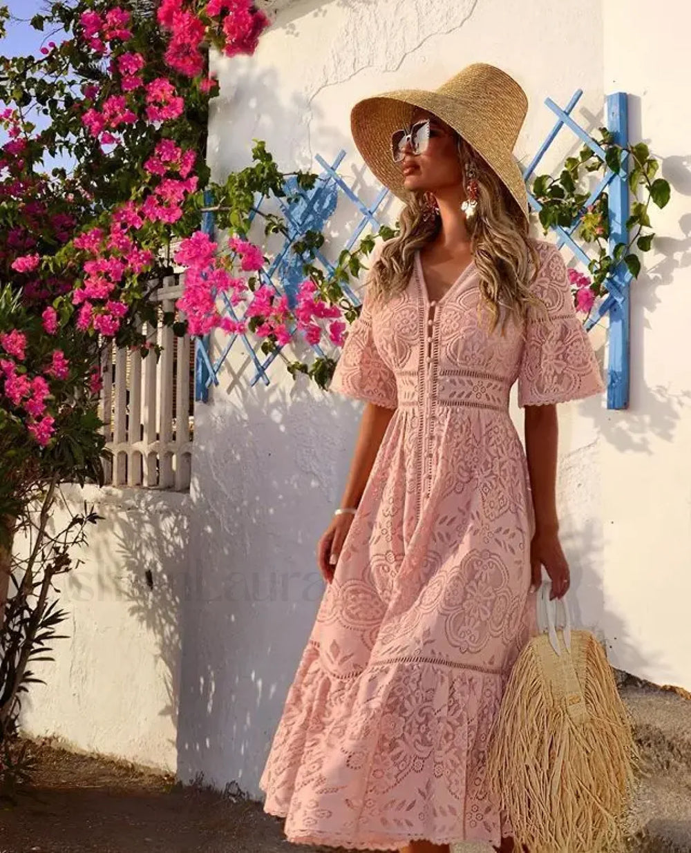 Crochet Knitted Set Boho Dress Pink / S