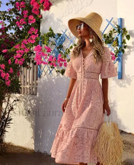 Crochet Knitted Set Boho Dress Pink / S