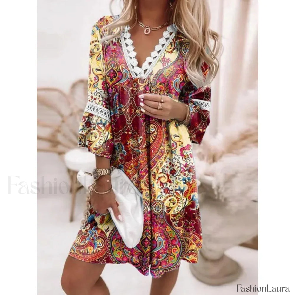 Crochet Party Boho Dress Burgundy / S