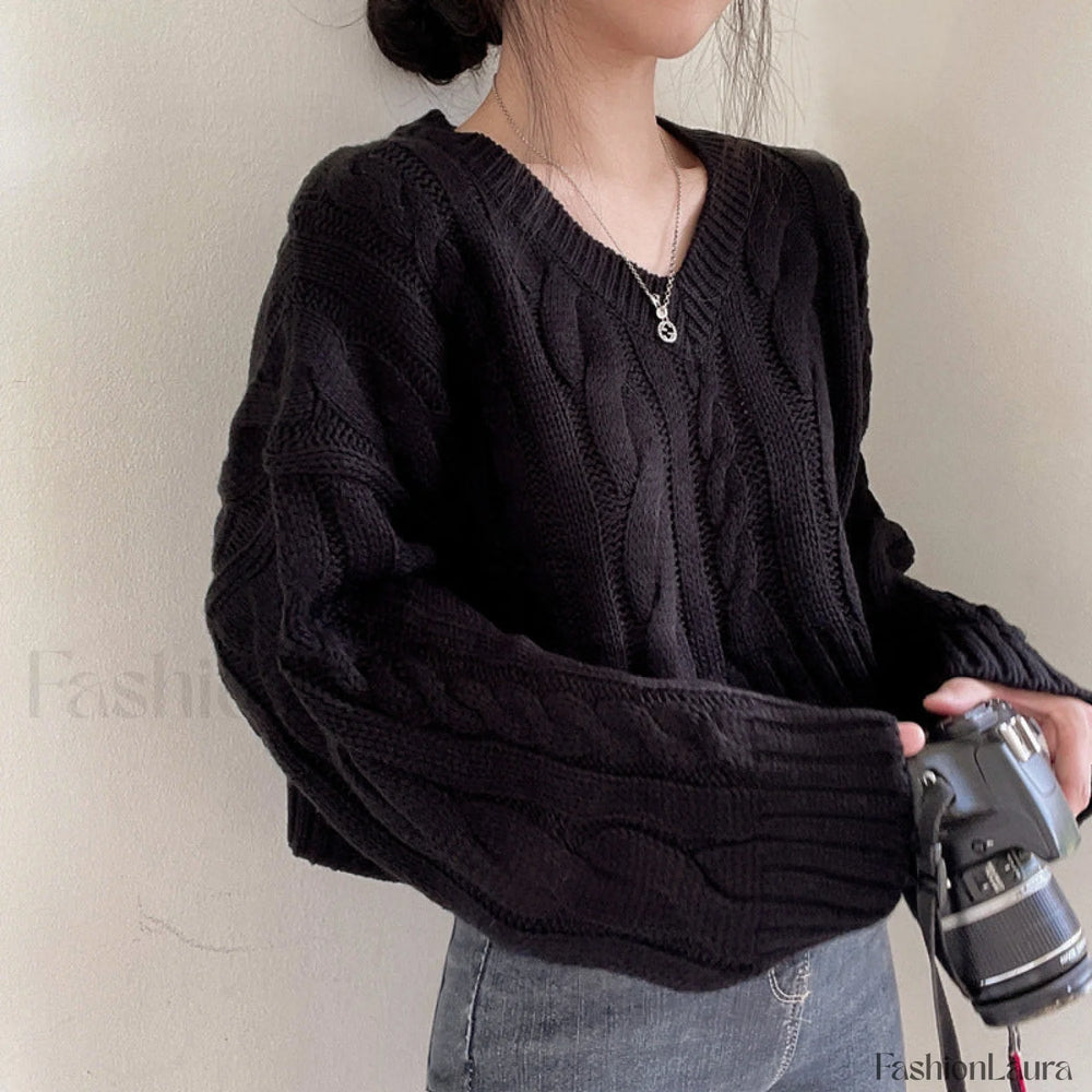 Cropped Brown Cable Knit Sweater Black / One size Sweaters
