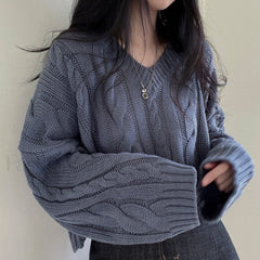 Cropped Brown Cable Knit Sweater Dark blue / One size Sweaters
