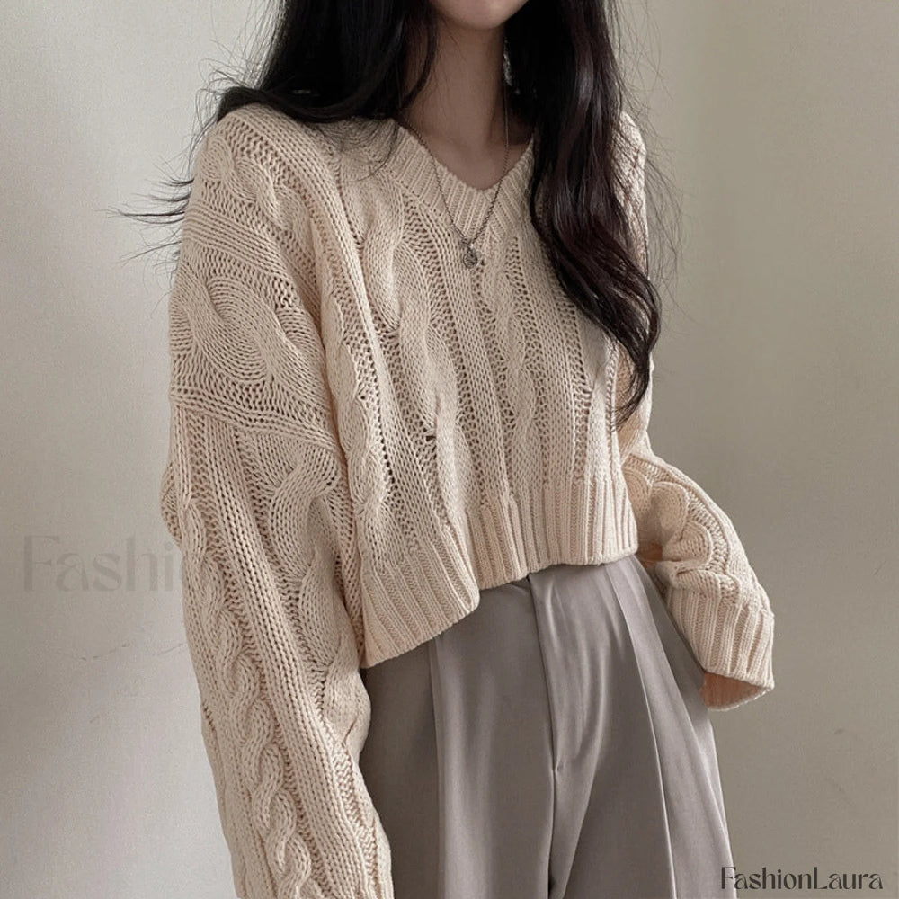 Cropped Brown Cable Knit Sweater Light apricot / One size Sweaters