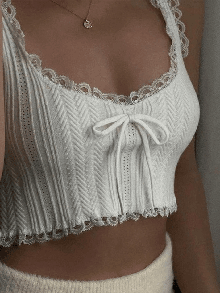 Cropped Lace Trim White Tank Top Tops&Tees