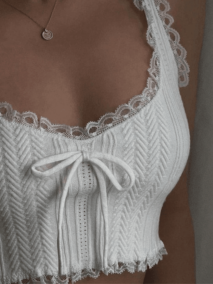Cropped Lace Trim White Tank Top Tops&Tees