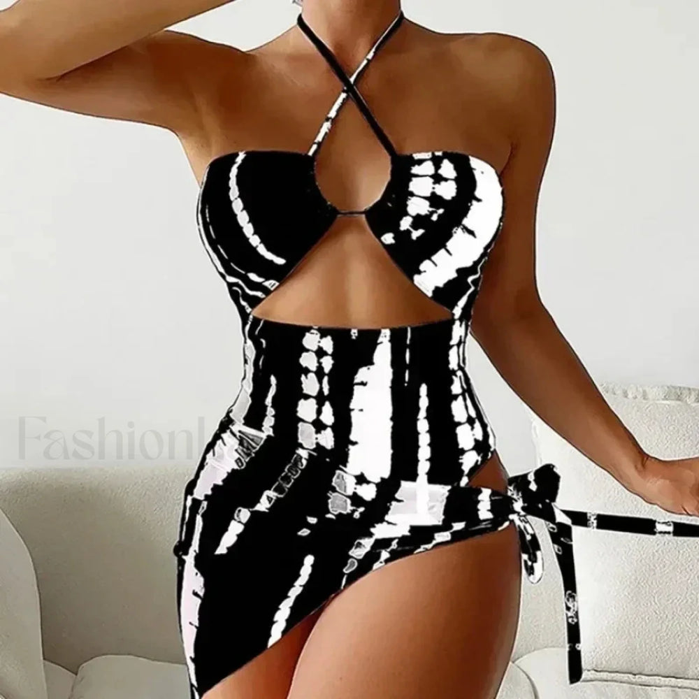 Cross Halter Mini Skirt Three Piece Set Black / S