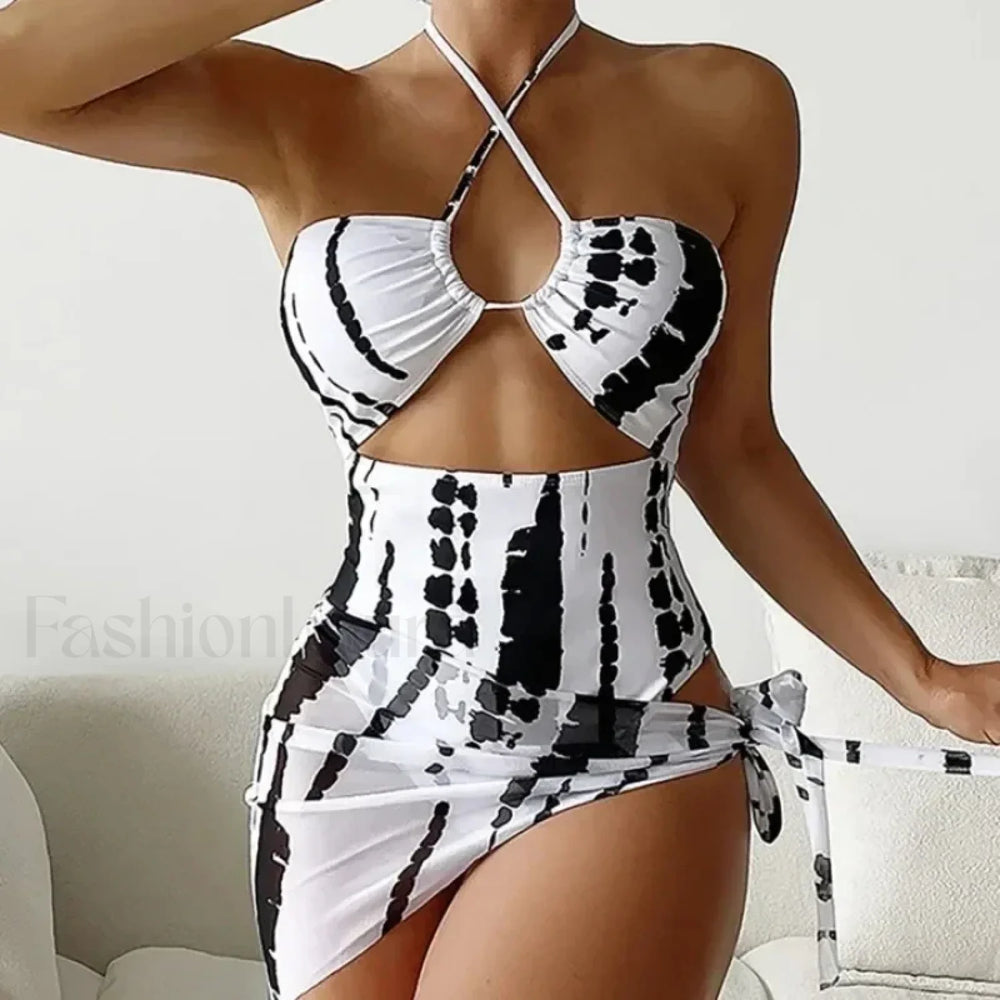 Cross Halter Mini Skirt Three Piece Set WHITE / S