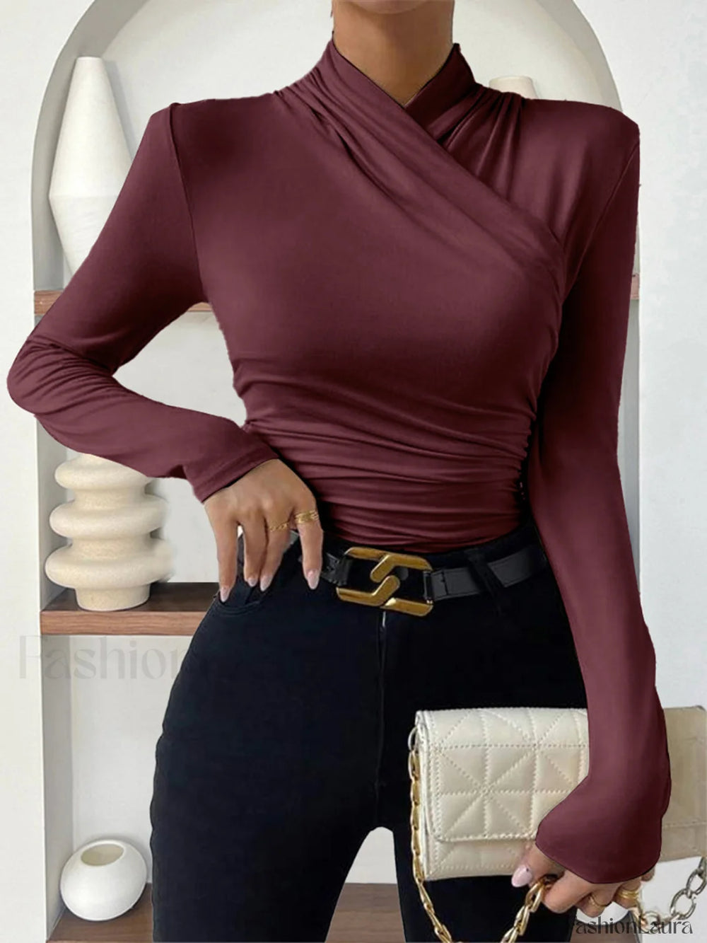 Cross Over Collar Pleated Cinched T Shirt Burgundy / XS T Shirts