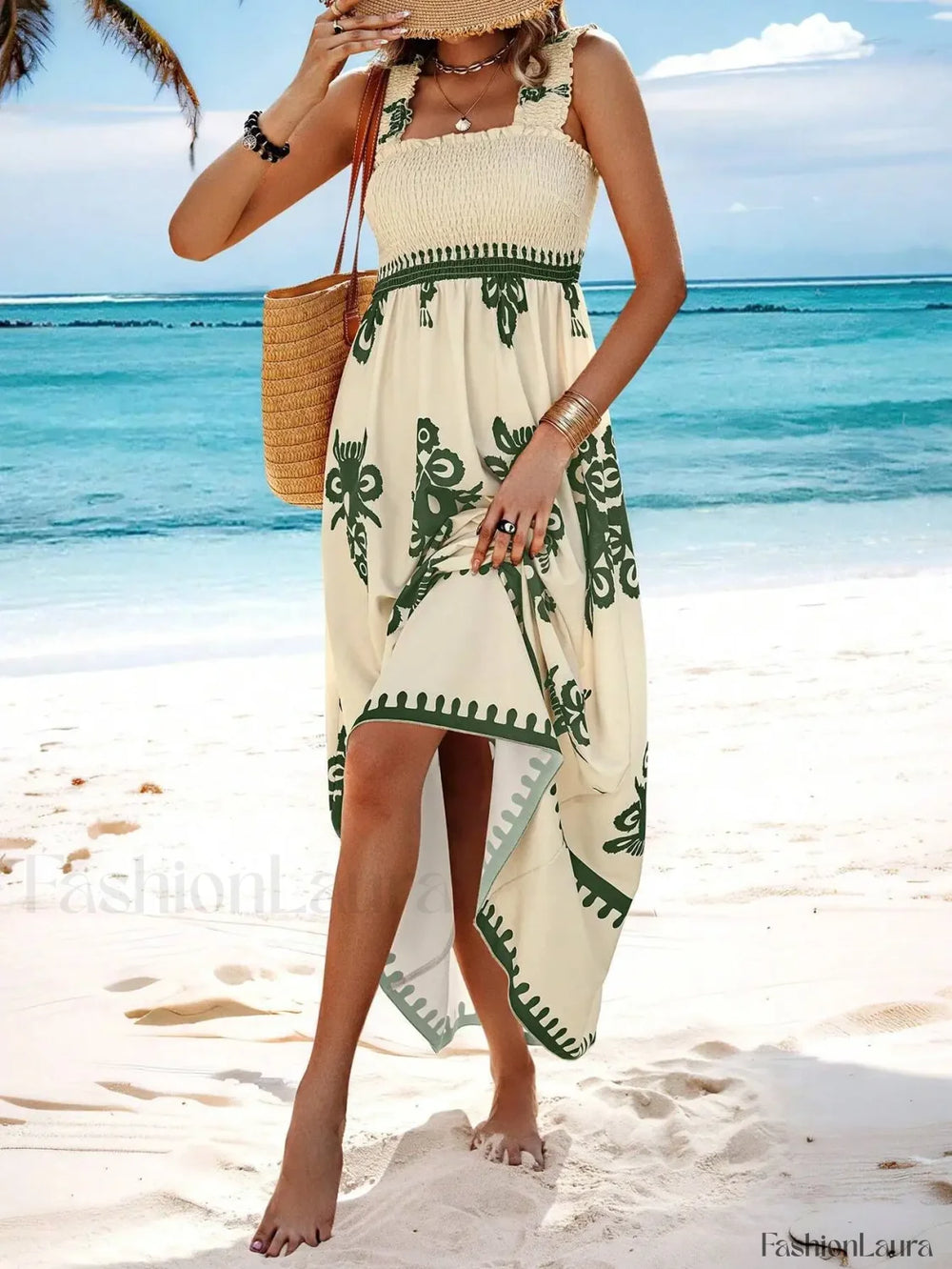 Cross Strap Ankle Boho Dress Military Green / S