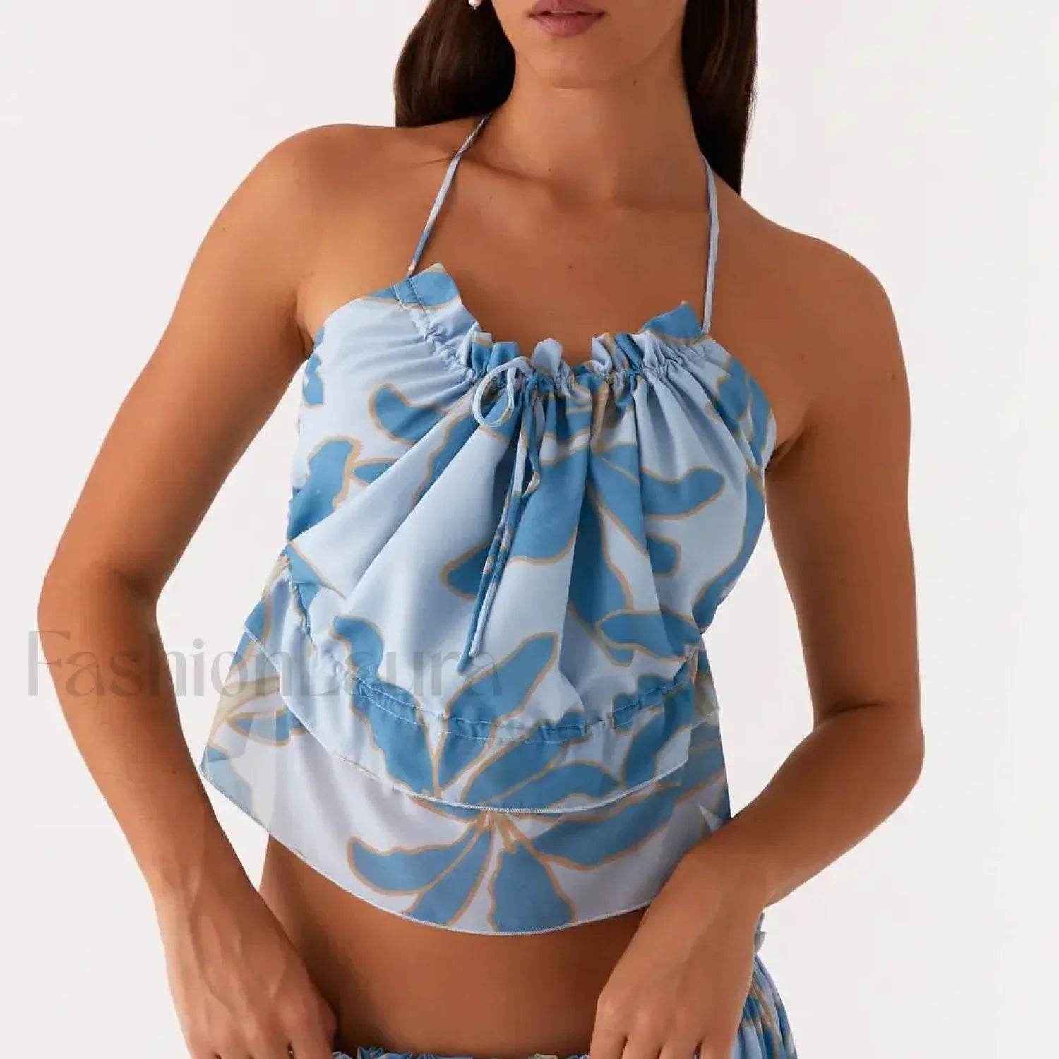 Cross Strap Ruffle Backless Crop Top Blue / S Main image