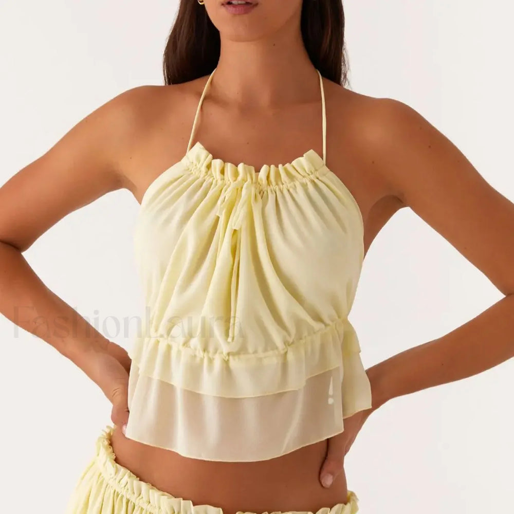 Cross Strap Ruffle Backless Crop Top Yellow / S