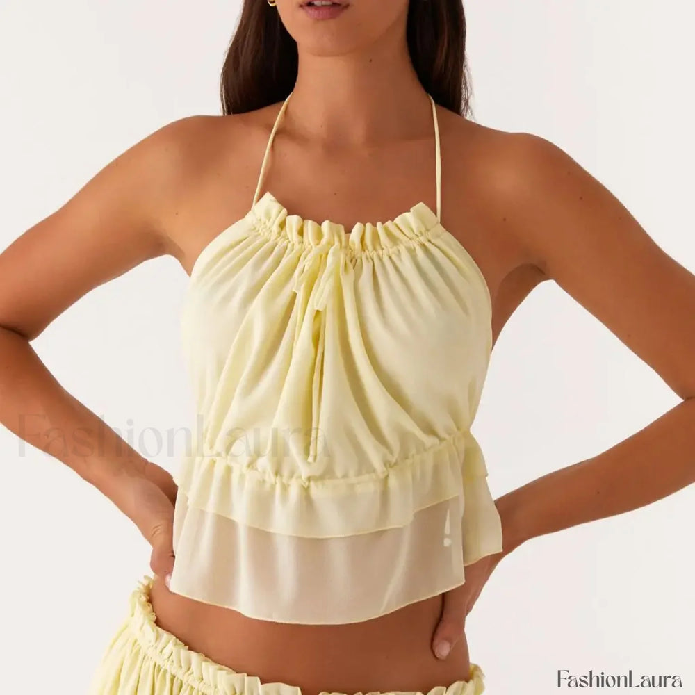Cross Strap Ruffle Backless Crop Top Yellow / S