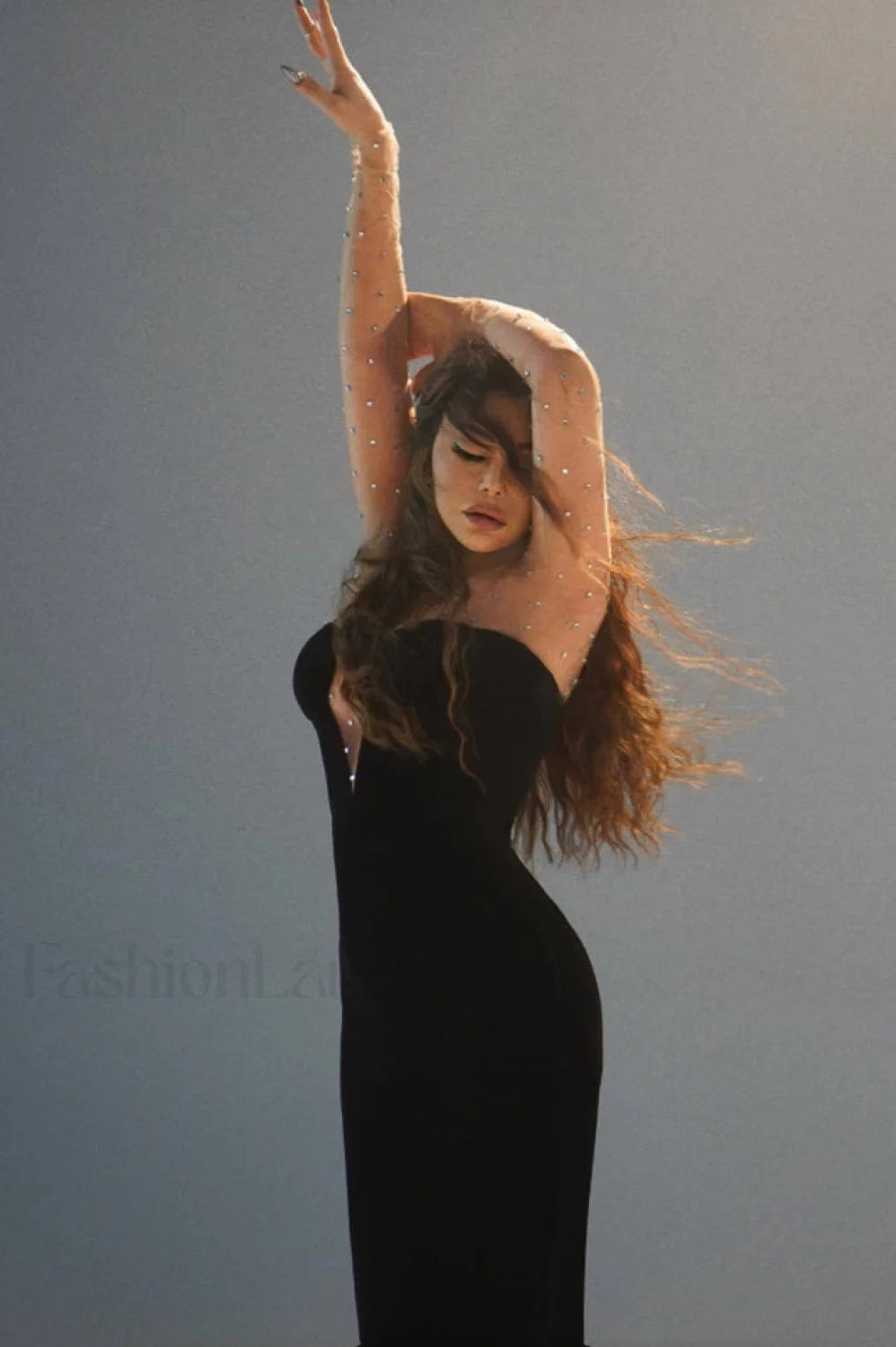 Crystal Mesh Long Charming Sleeve Velvet Dress
