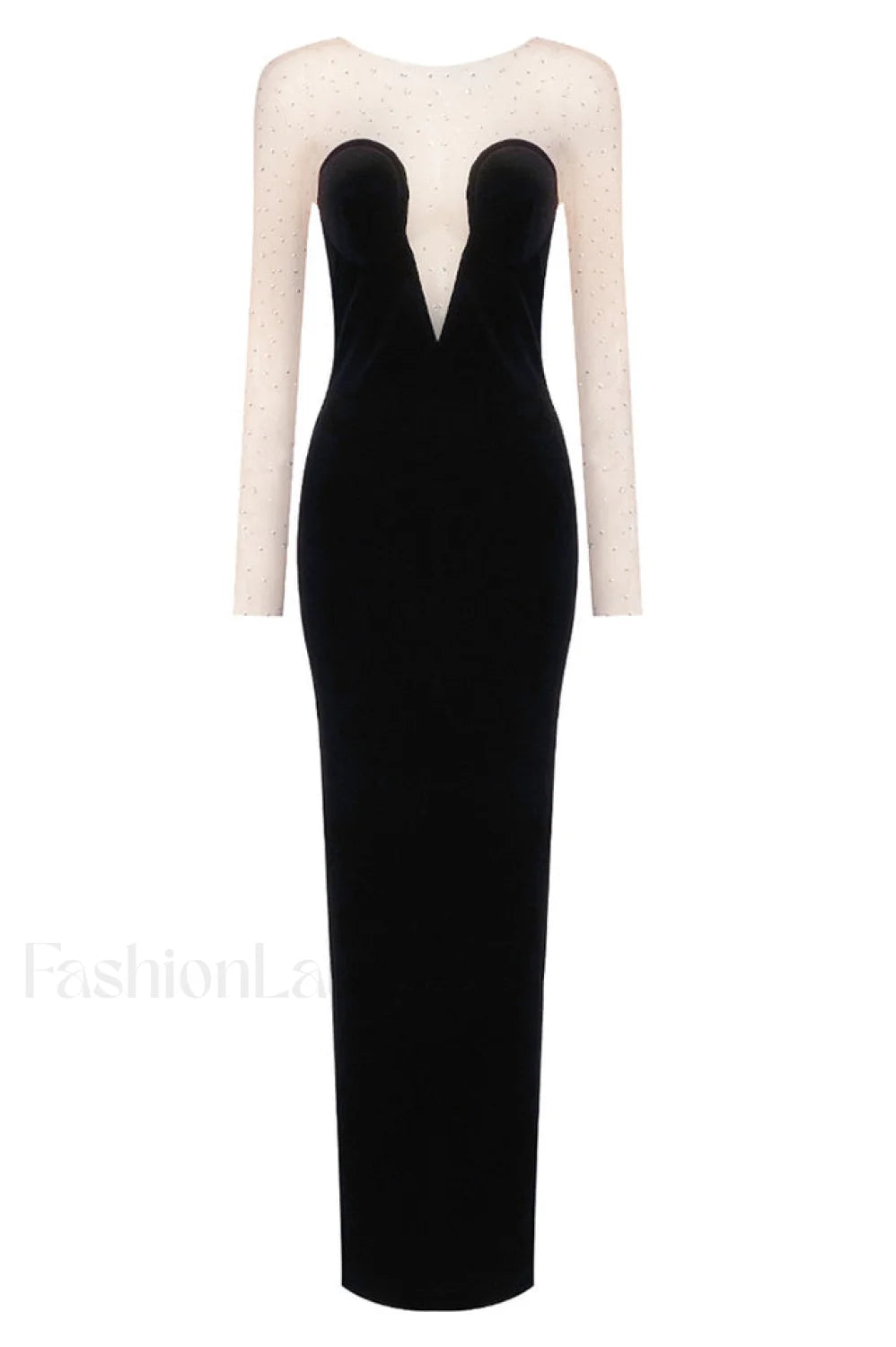 Crystal Mesh Long Charming Sleeve Velvet Dress XS / Black