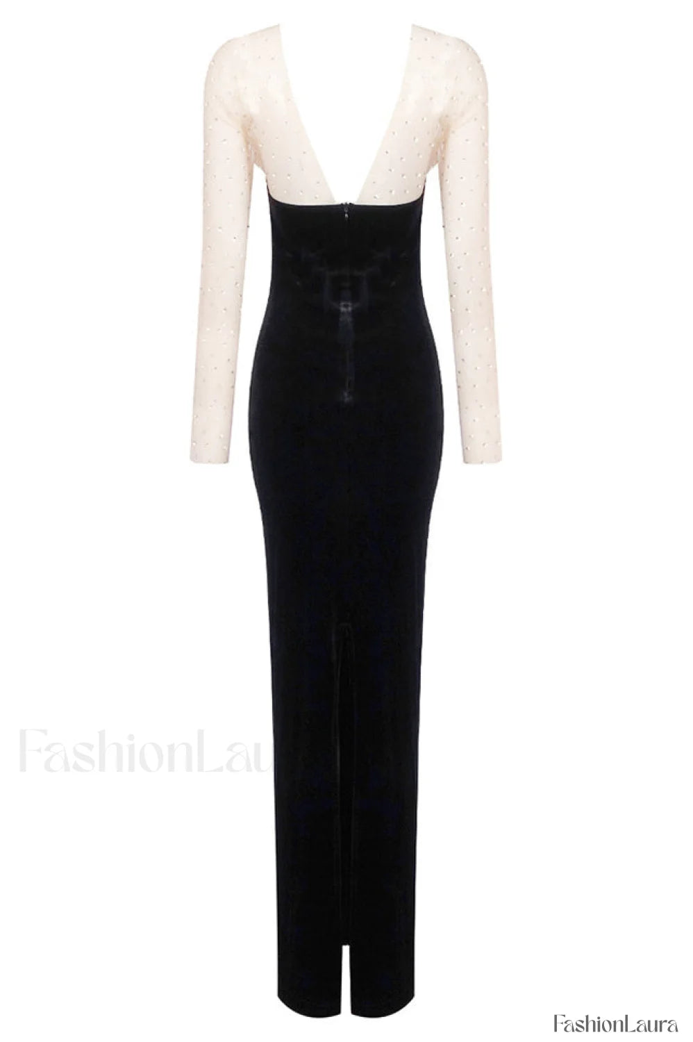Crystal Mesh Long Charming Sleeve Velvet Dress