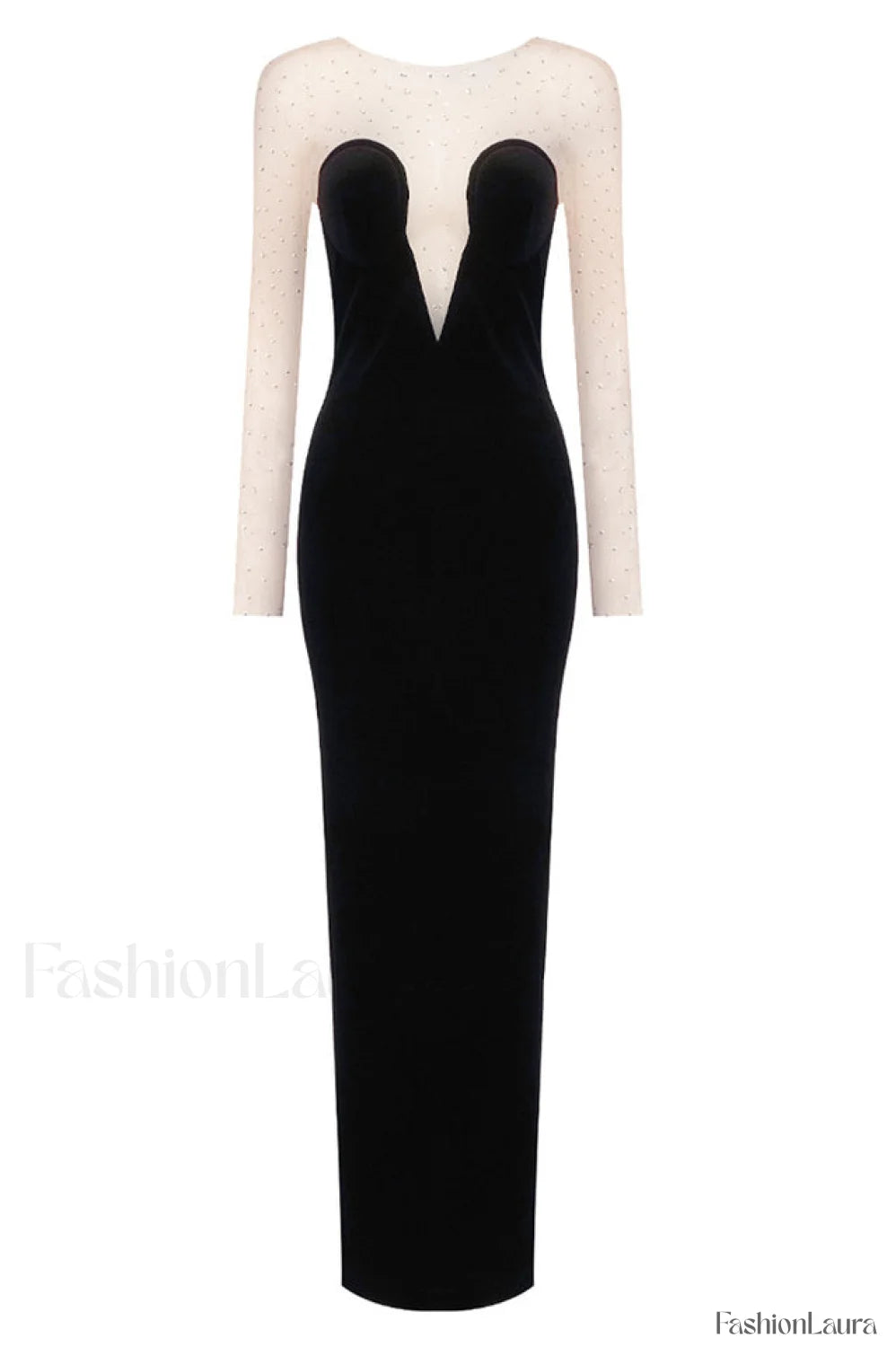 Crystal Mesh Long Charming Sleeve Velvet Dress XS / Black