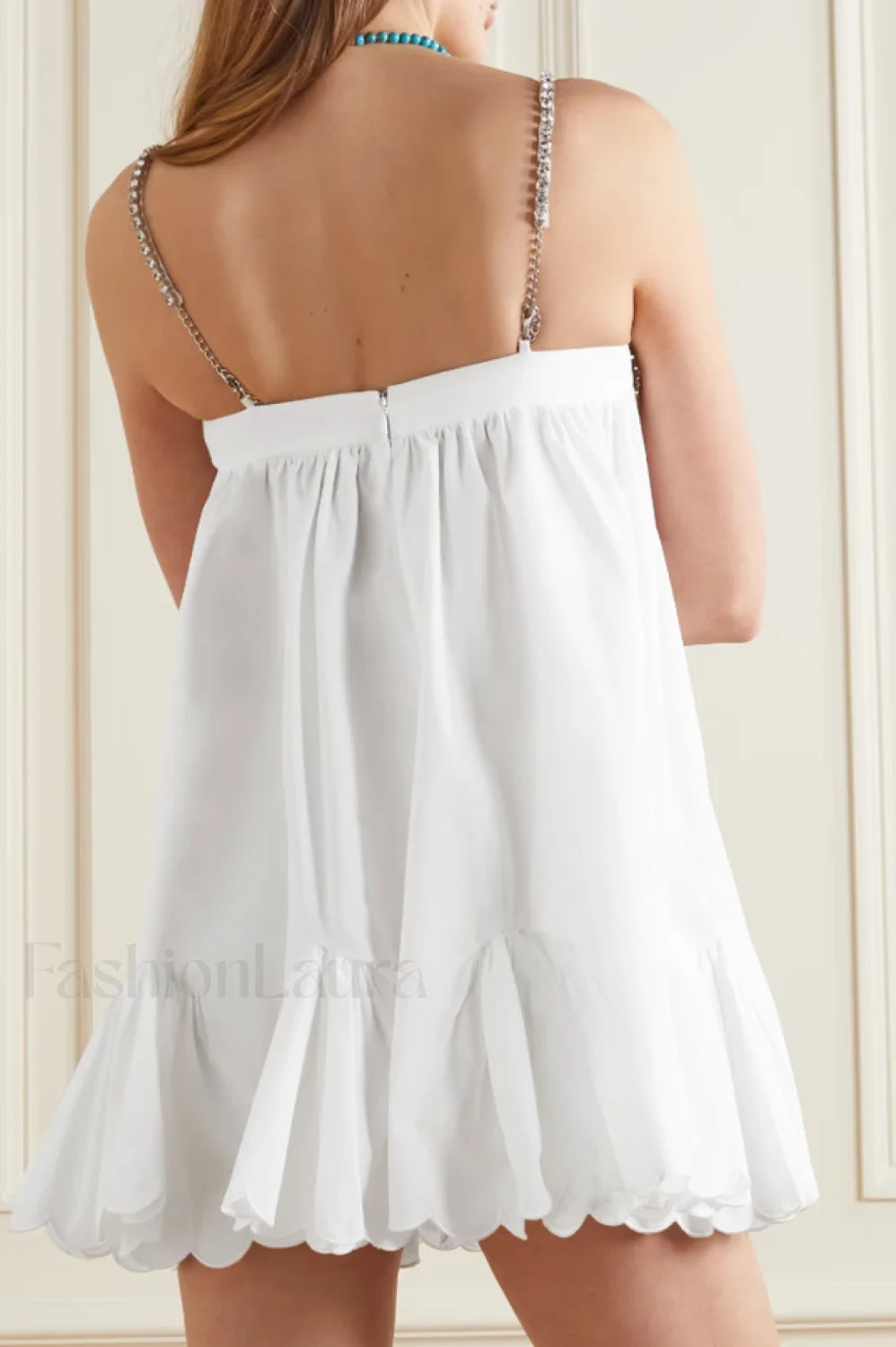 Crystal Trimmed Stylish Scallop Mini Dress