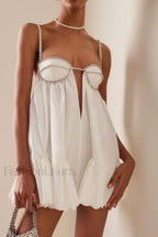 Crystal Trimmed Stylish Scallop Mini Dress XS / White