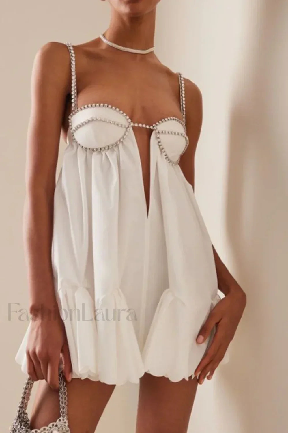 Crystal Trimmed Stylish Scallop Mini Dress XS / White Main image