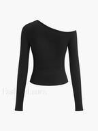 Cut Out Asymmetric Off Shoulder Slinky Long Sleeve Shirt T Shirts