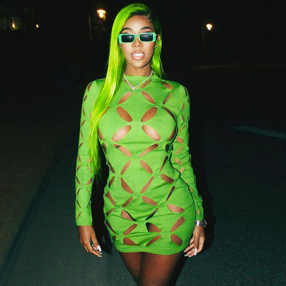Cut Out Crew Neck Long Sleeve Bodycon Party Mini Dress Green S / Green Party Dresses L