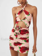 Cut Out Ruched Rose Floral Dress