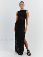 Cut Out Slit Knit Mesh Pareo Tunic Style Cover ups Black / One Size