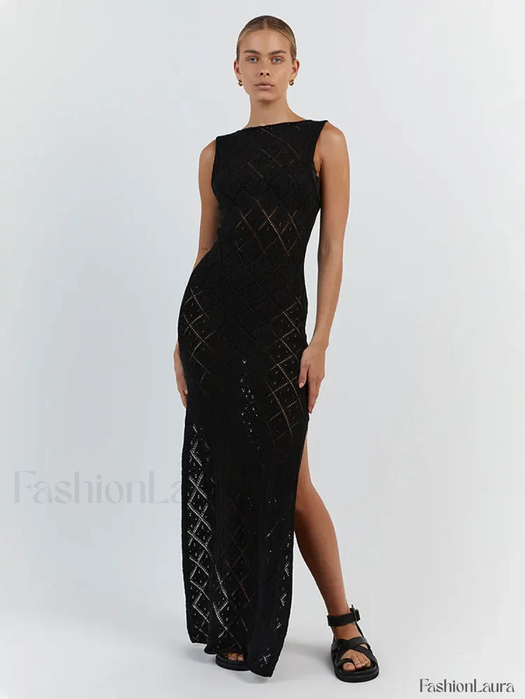 Cut Out Slit Knit Mesh Pareo Tunic Style Cover ups Black / One Size