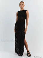 Cut Out Slit Knit Mesh Pareo Tunic Style Cover ups Black / One Size