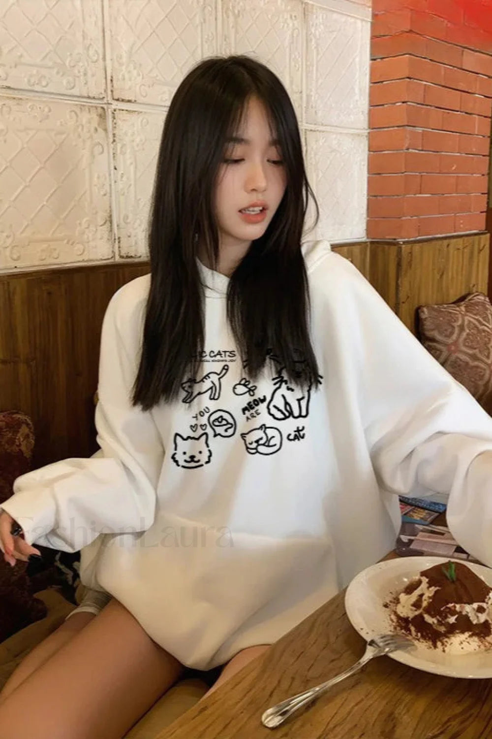 Cute Cat Print Loose Hoodie White / M