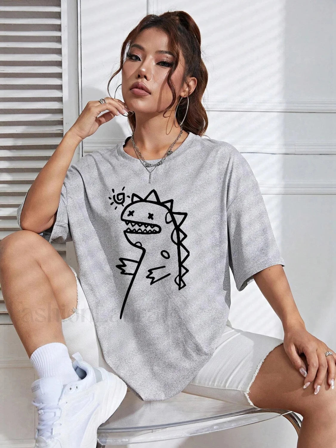 Cute Dinosaurs Printing Casual Street T Shirt Gray / S Main image