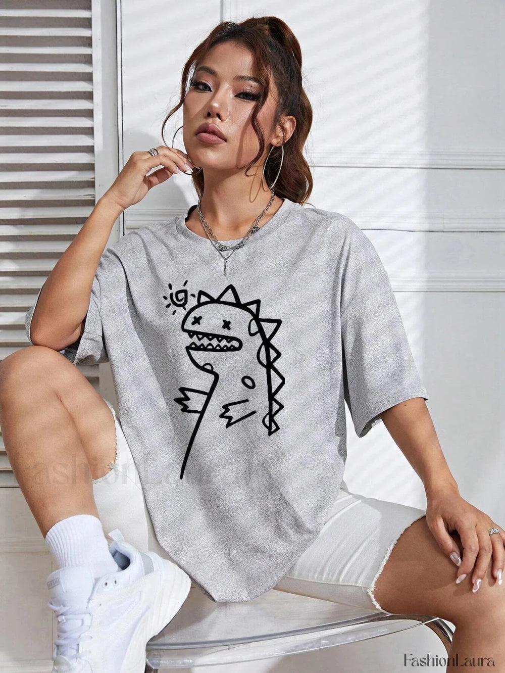 Cute Dinosaurs Printing Casual Street T Shirt Gray / S