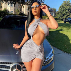 Cutout Front Cross Halter Neck Ruched Bodycon Mini Dress Gray S / Gray Party Dresses L