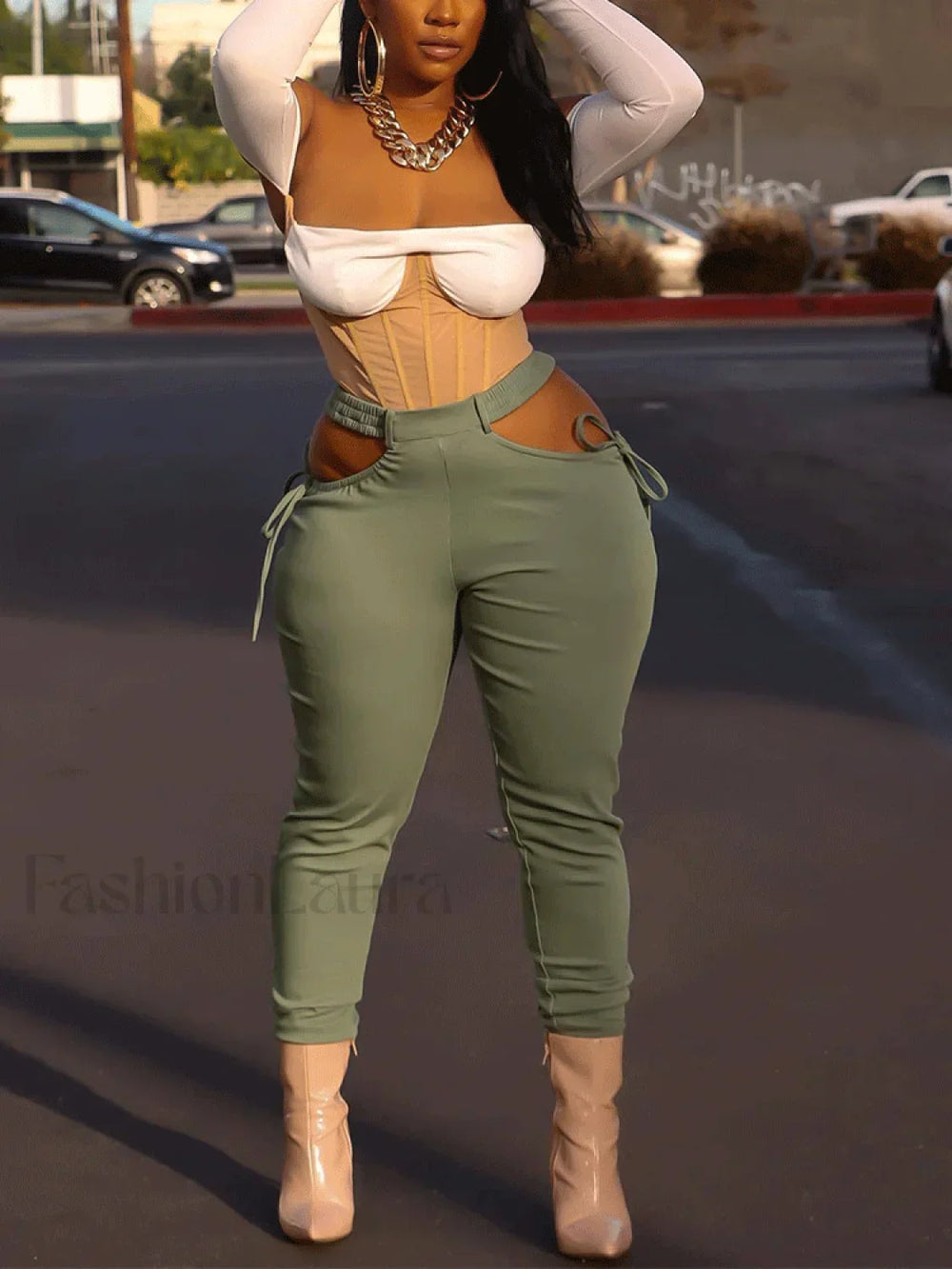 Cutout Lace Up Pencil Pants Green / S Pants