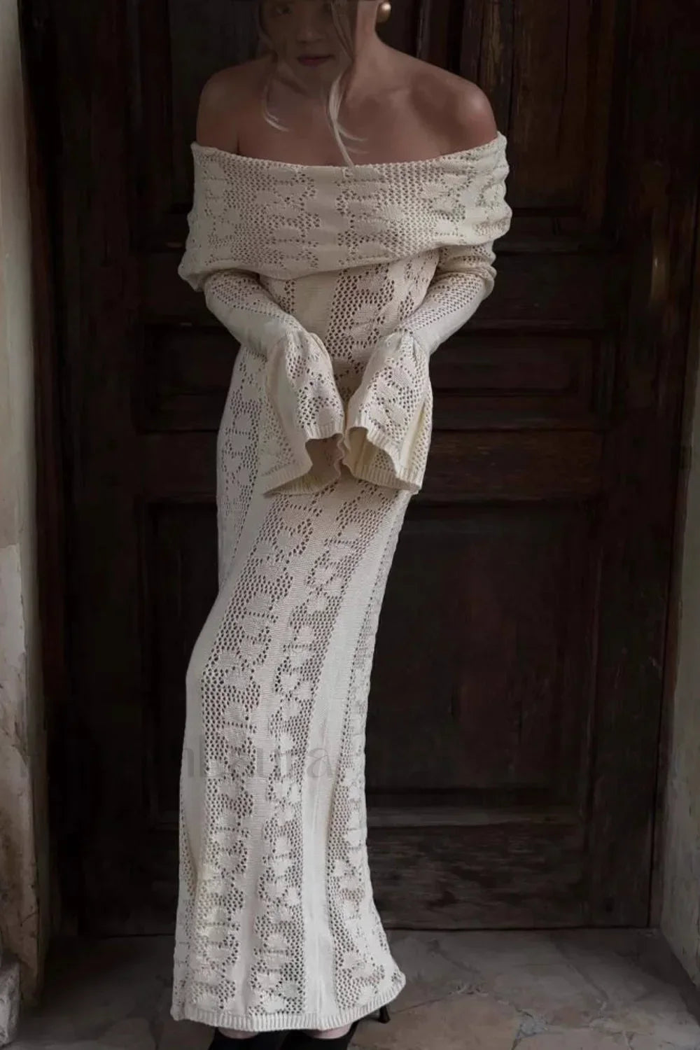 Cutout Off Shoulder Crochet Knit Bodycon Maxi Dress Main image