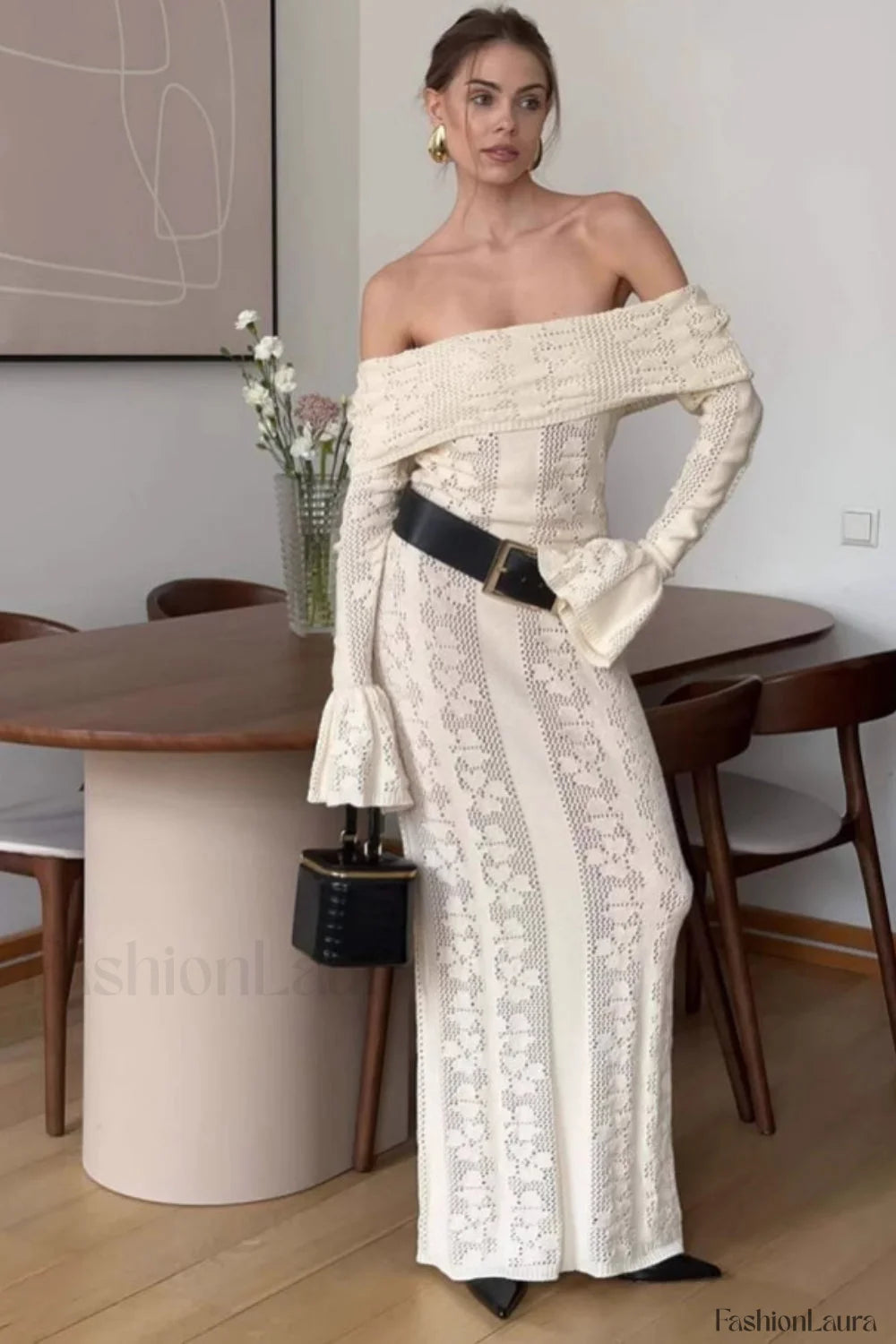 Cutout Off Shoulder Crochet Knit Bodycon Maxi Dress