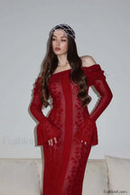 Cutout Off Shoulder Crochet Knit Bodycon Maxi Dress