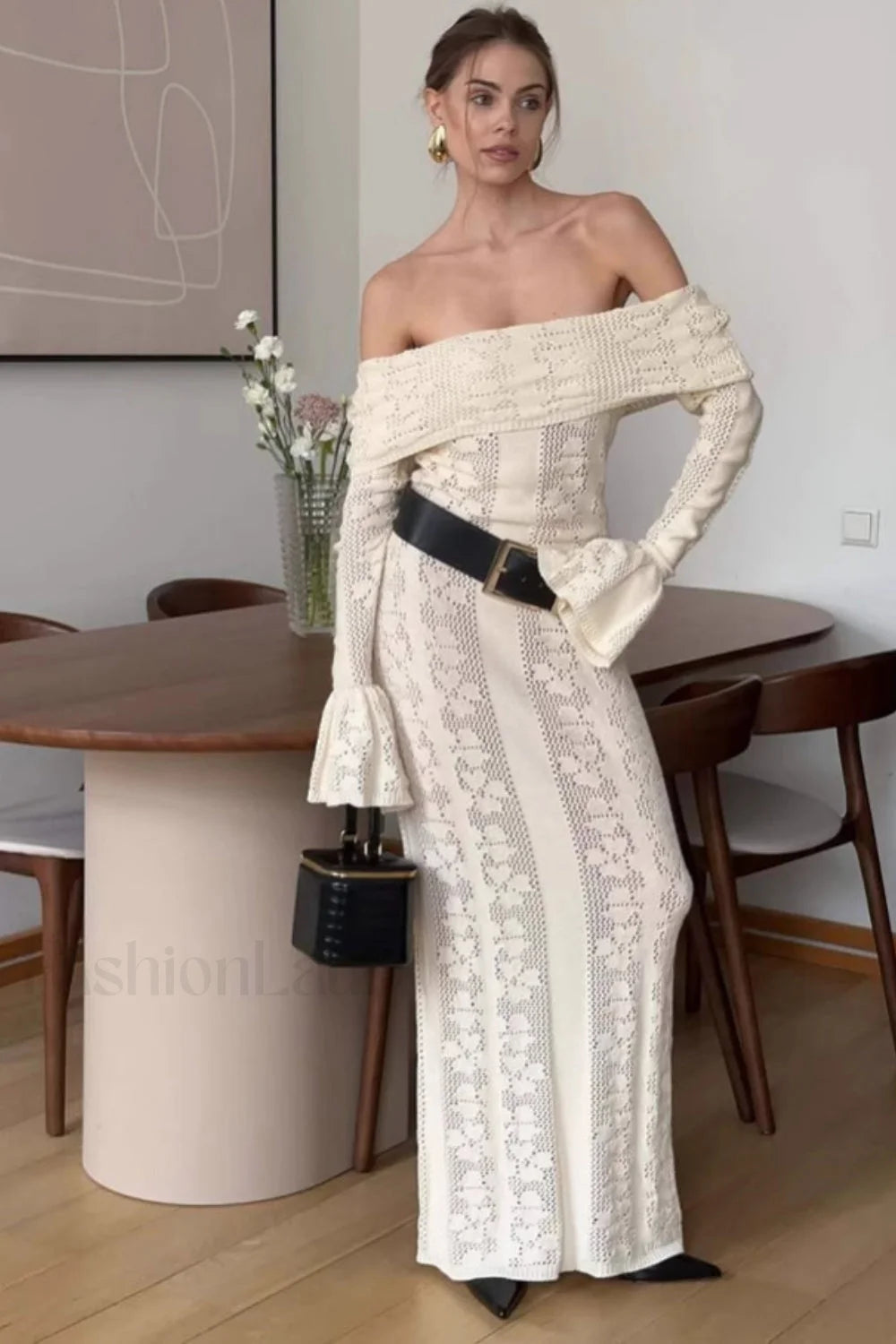 Cutout Off Shoulder Crochet Knit Bodycon Maxi Dress